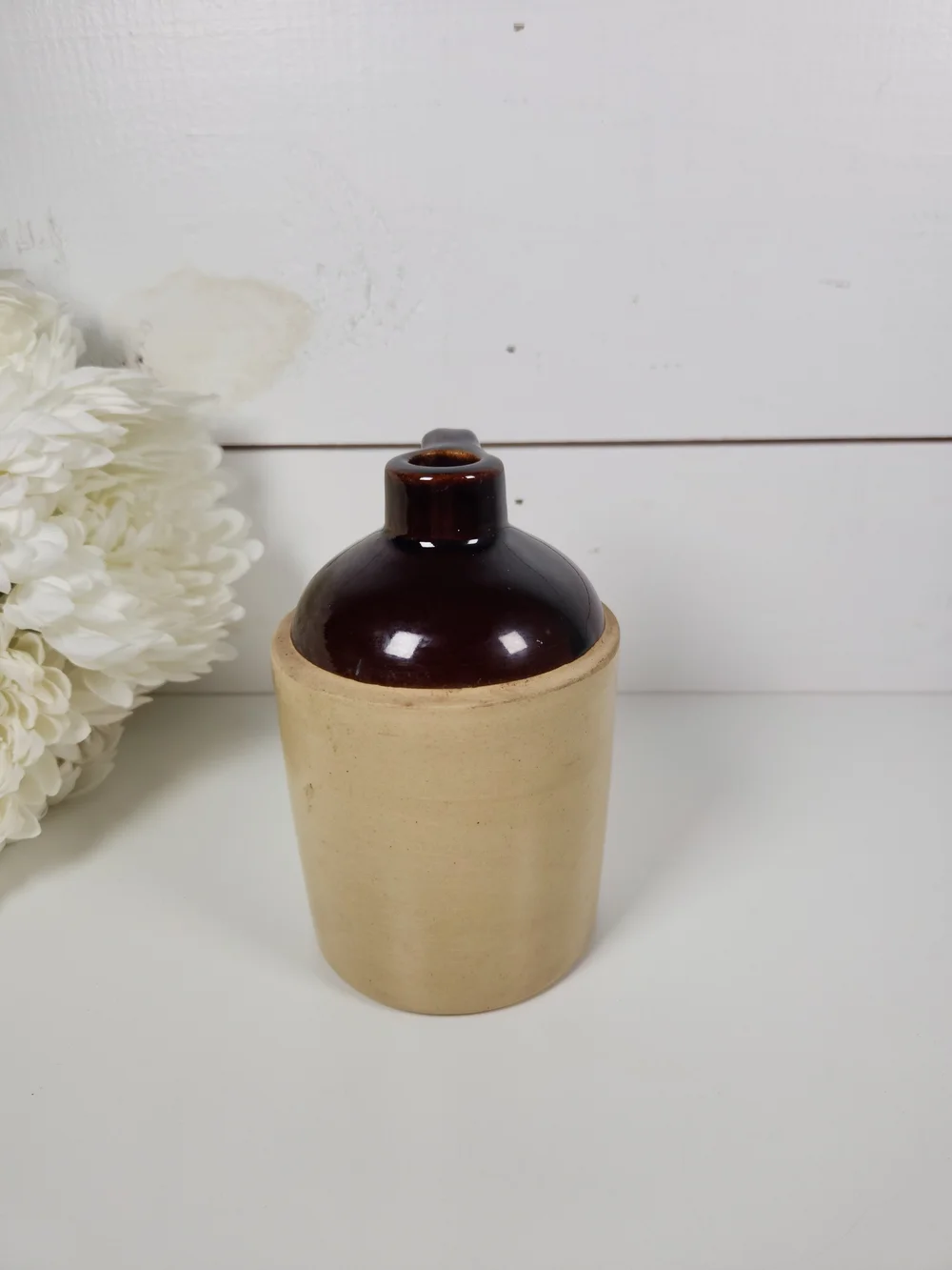 Small Vintage Brown & Beige Stoneware Pottery Jug | Rustic Farmhouse Decor